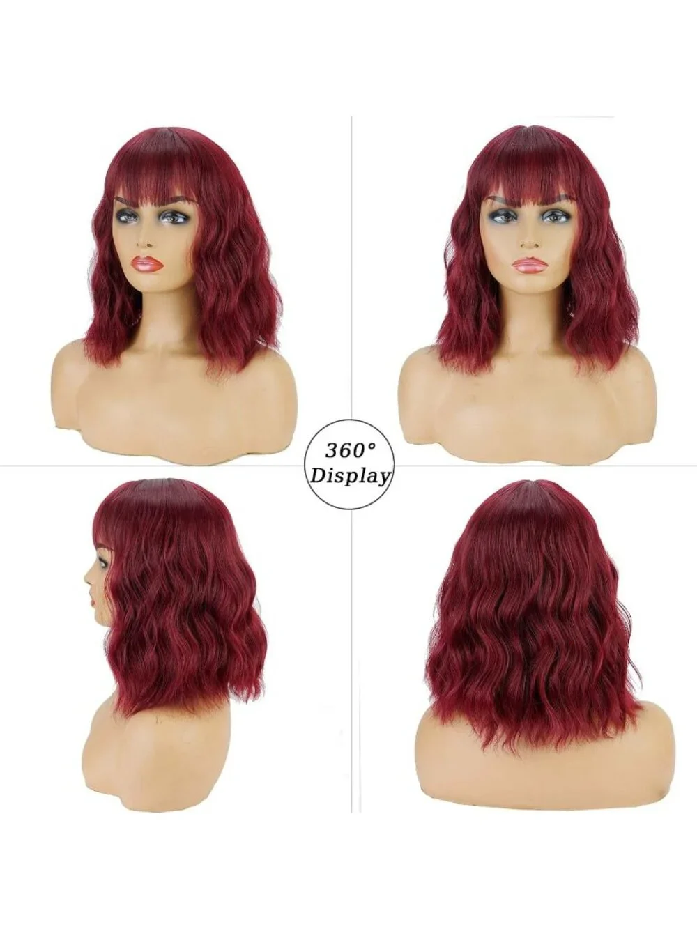 Women's Wine Red 14 Inch Heat Resistant Short Bangs Bob Modern Wavy Wigs
